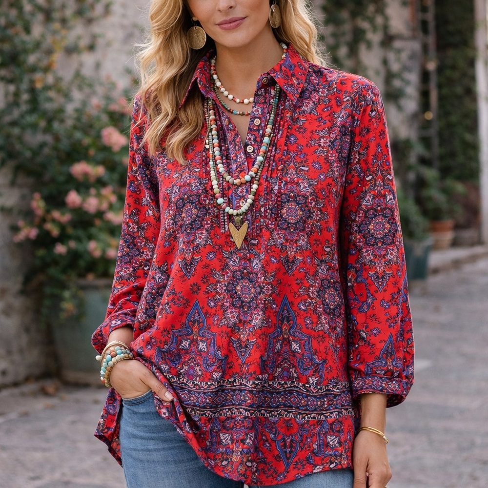SOFT SURROUNDINGS Red Paisley Tunic Blouse Size Large 100% Cotton - Picture 1 of 6